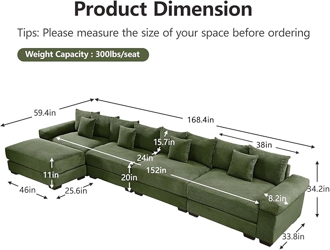 168 Corduroy Sectional Couches for Living Room Green Comfortable Oversized Sectional Sofa Set with Deep Seat Large 4 Seater with 1 Ottoman Sofas para Sala L Shaped Couch with Chaise Lounge
