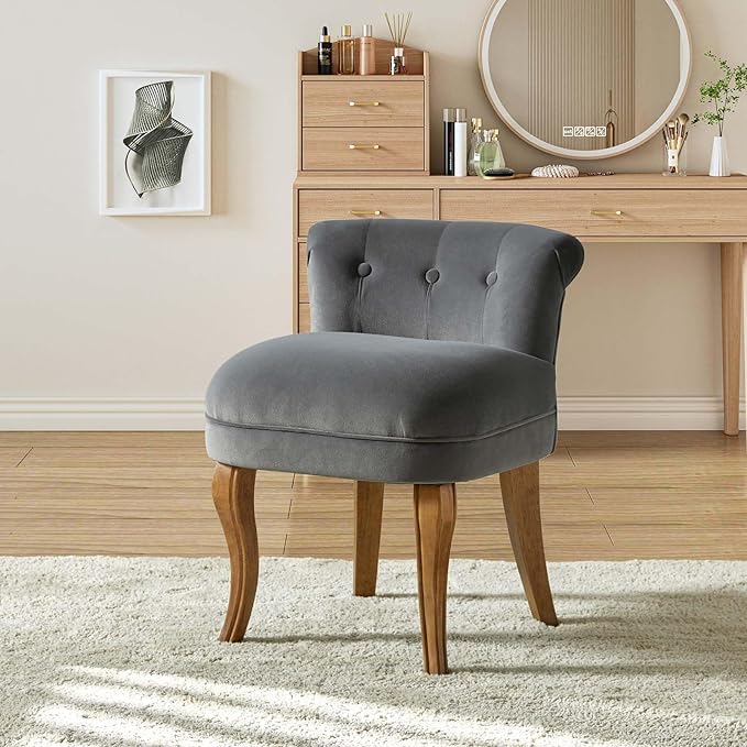 HULALA HOME Velvet Vanity Stool with Low Back Modern Vanity Chair with Solid Wood Legs Small Upholstered Makeup Chair Home Decor for Bedroom Living Room Dressing Table Women Girls Grey
