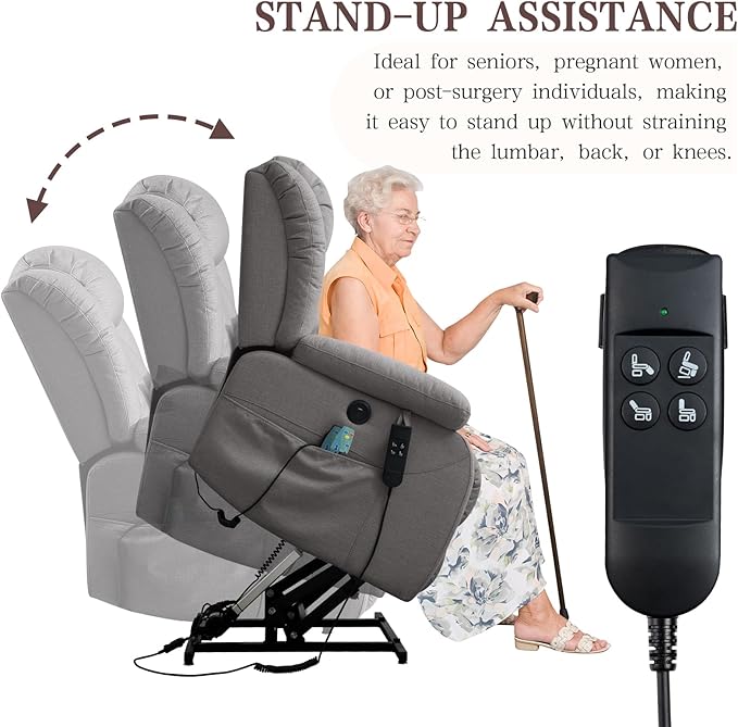 Infinite Position Lay Flat Lift Recliner Chair for Adults Dual Motor Power Lift Chair for Elderly with Massage &amp Heating USB Ports Remote Control &amp Lumbar Pillow Linen Fabric (Grey)