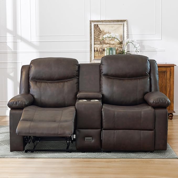 Manual Reclining Loveseat with Massage and Heat Double Recliner Sofa with Center Console Cup Holders &amp Storage for Living Room RV (Brown)