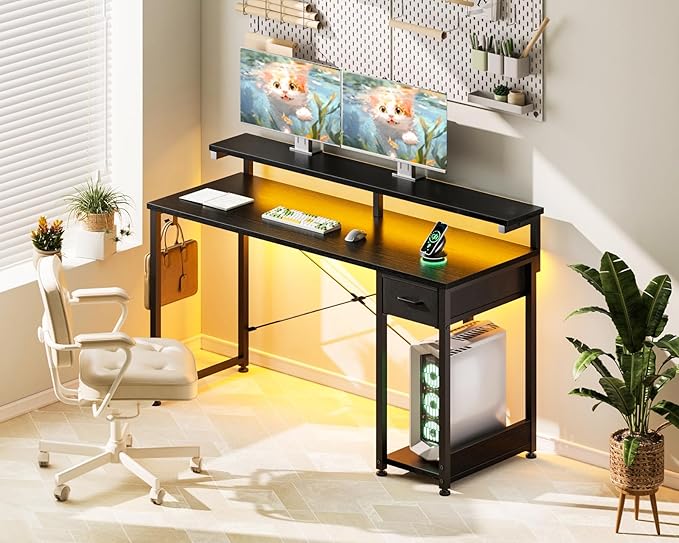 AODK Gaming Desk with LED Lights 55 Inch Computer Desk with Drawers Reversible Small Desk with Monitor Stand &amp Headphone Hook for Home Office Black