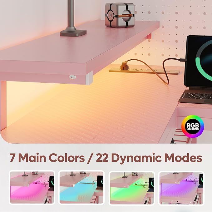 Bestier 52 Gaming Desk with Integrated Power Outlet &amp USB Ports L-Shaped Computer Desk with LED Strip &amp Headphone Hooks Perfect for Home Office Pink