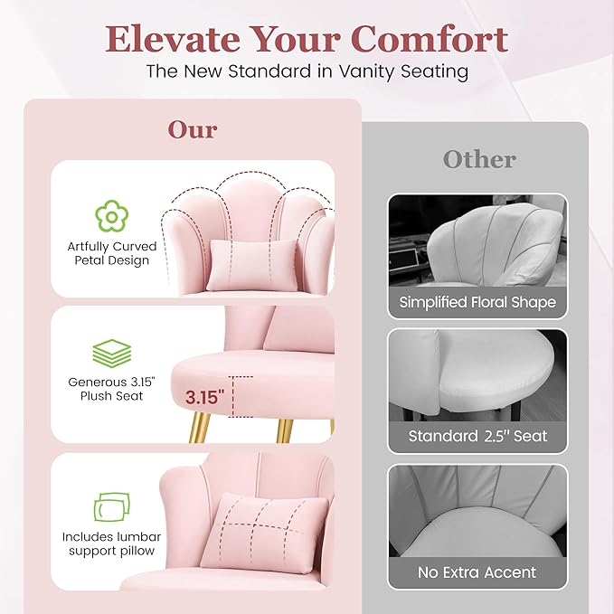 Petal Makeup Vanity Chair with Back Flower Chair Comfy No Wheels for Girls Women Makeup Chair with Golden Metal Legs &amp Lumbar Pillow for Living Room/Makeup Room/Bedroom/Home Office - Pink