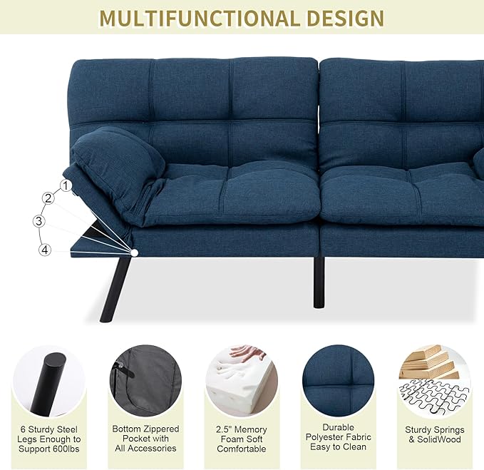 MUUEGM Convertible Futon Sofa Bed Memory Foam Futons Couch Bed 71 Adjustable Backrests and Armrests Sleeper Sofa Modern Love Seat Couch Bed for Living Room Small Space Office Blue