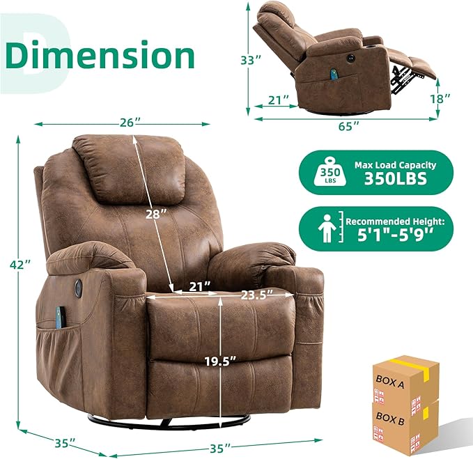 VIVIJASON Manual Massage Rocker Recliner Chair 360° Swivel Glider Lounge Chair with Heat Ergonomic Home Theater Recliner Sofa with 2 Cup Holders Side Pockets &amp USB Ports for Living Room Brown