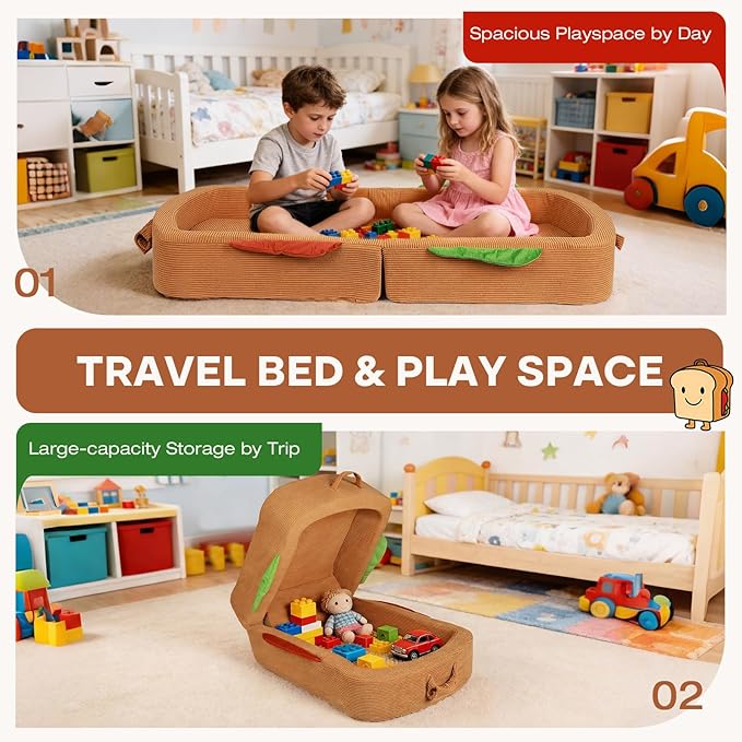 Toddler Travel Bed Sandwich Style - Portable Toddlers Floor Beds Foldable Soft Foam Travel Crib for Baby and Kid Washable Cover Toddler Cot with Safety Rail for Travel Medium Size