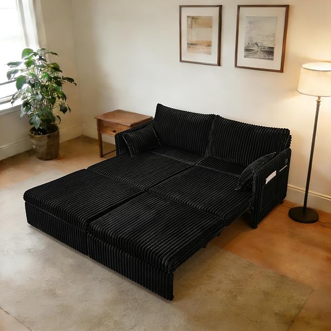 KEIKI 73 3-in-1 Pull Out Sofa Bed Convertible Corduroy Sleeper Sofa with USB Ports &amp Side Pockets Modern Futon Couch for Living Room Apartment or Bedroom Black