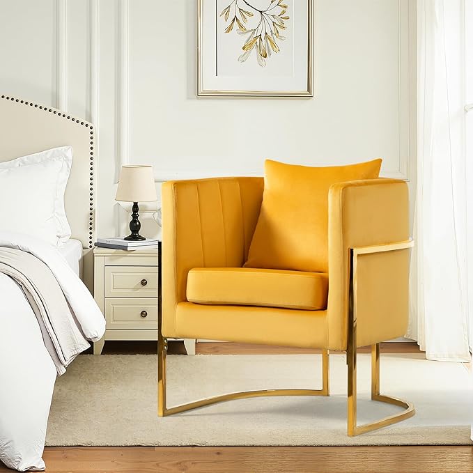 Velvet Modern Accent Chair Upholstered Barrel Armchair Mid Century with Pillow for Living Room Comfy Single Vanity Chair with Metal Gold Legs for Bedroom Yellow