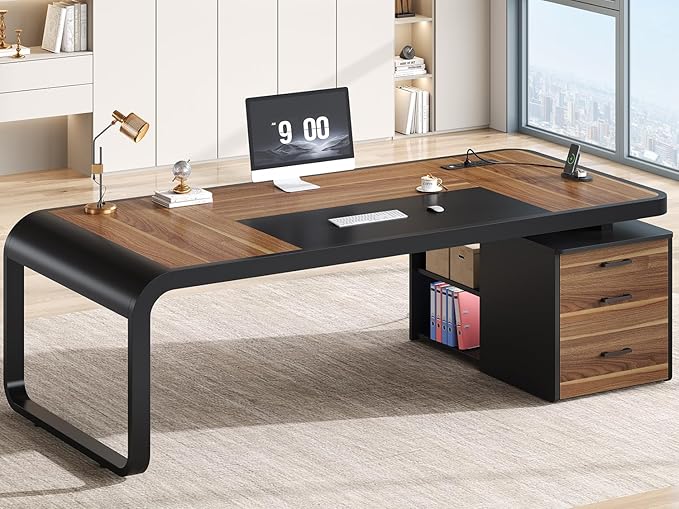 Itaar 70.9 Executive Desk Large Computer Desk with Drawers and Lateral File Cabinet Office Desk with Removable Shelves Business Furniture Desk Workstation for Home Office Walnut