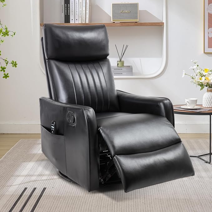 Swivel Rocker Recliner Chair 360° Swivel Recliner with Heat and Massage Rocker Recliner Nursery Glider Chair with Side Pockets for Living Room (Black Faux Leather)