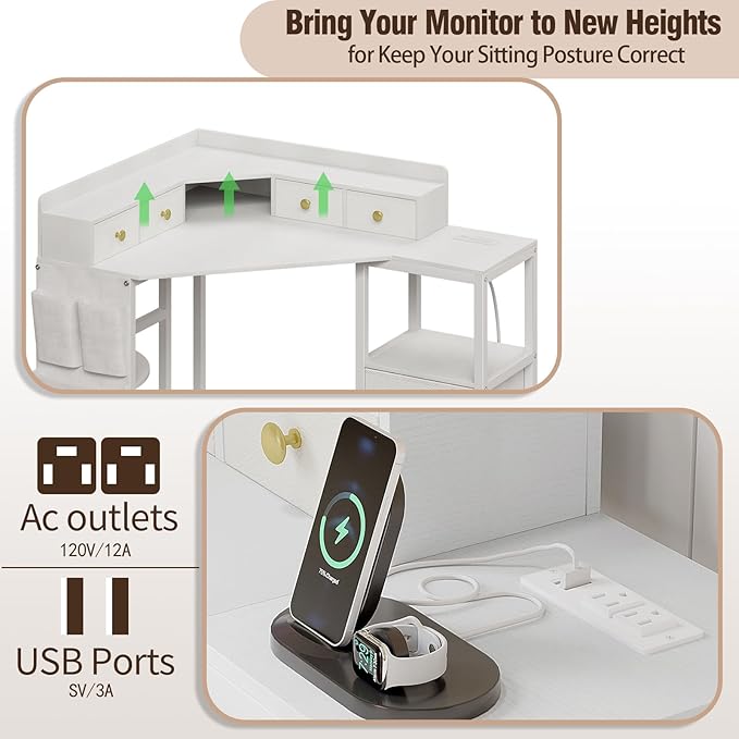 Corner Desk with 6 Drawers Shelves for Small Space Computer Desk with Power OutletsGaming Desk with Printer Monitor Stand Storage for Home Office Workstation Writing Table (White 31.5)