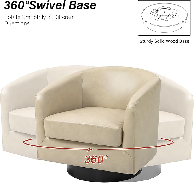 Swivel Barrel Chair Modern Round PU Leather Accent Armchair for Living Room Bedroom Oversized Comfy Club Reading Chairs for Adults (Leather Cream Set of 1)