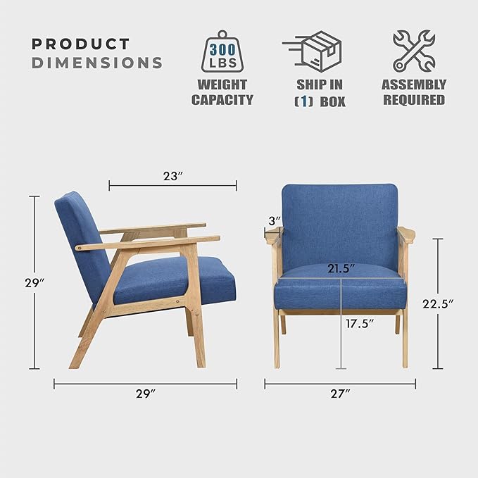 Lexicon Mid Century Modern Accent Chair Upholstered Lounge Armchair Single Sofa Seat Natural Finish Solid Wood Framed Comfy Side Chairs for Living Room/Bedroom/Office/Waiting Area Blue