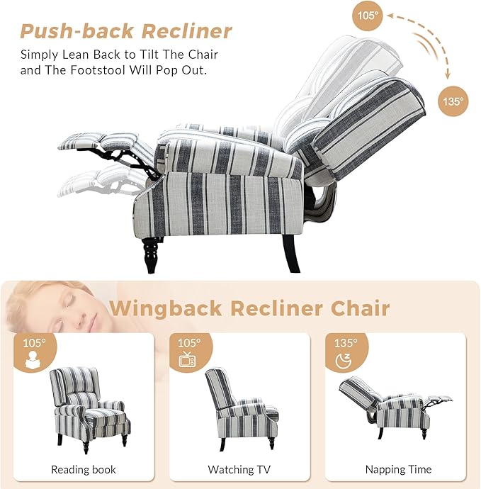 HULALA HOME Upholstered Wingback Recliner Chair Small Adjustable Footrest Push Back Single Reclining Sofa Mid Century Modern Lounge Armchair for Living Room Bedroom Reading/Stripe Black