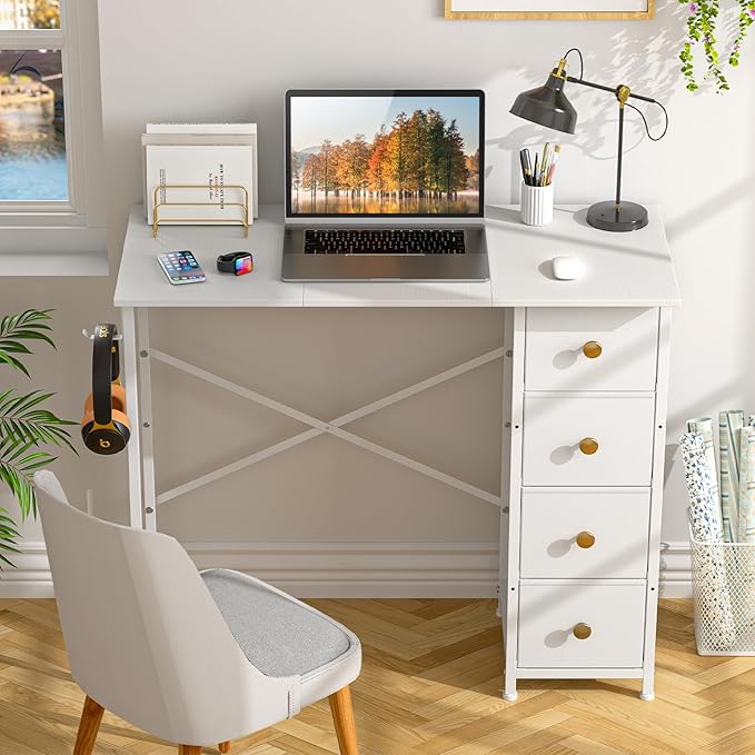 Small White Desk with Drawers for Bedroom 35.4 Inch Kids Girls Teens Student Writing Desk with Storage Reversible Study Table White Computer Desk for Home Office Makeup Vanity Desk for Small Space