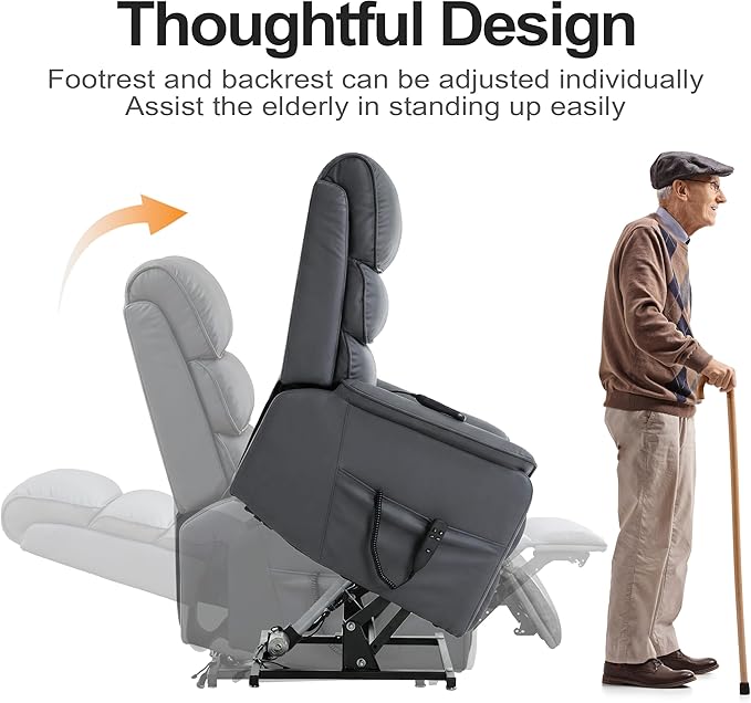 Luxlen Leather Power Lift Recliner Chair for Elderly Dual Motor Lift Chair with Vibration Massage &amp Lumbar Heating Infinite Position Up Recliner with Power-Remote - Faux Leather Gray