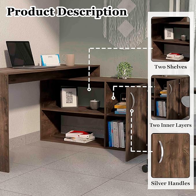 60 Inch Brown L Shaped Desk with Storage Large Computer Corner Home Office Desk with File Cabinet &amp 2 Storage Shelves Wood Corner Desk for Small Space Gaming Writing Work