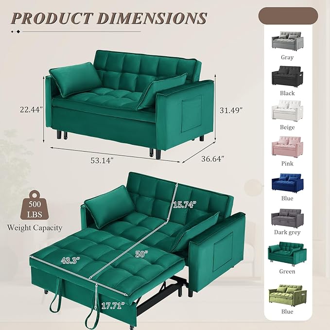 3 in 1 Convertible Sleeper Sofa Bed Futon Couches for Living Room with Side Pocket/Adjustable Backrest Velvet Upholstered Pull Out Couch Small Loveseat Sofa Bed for Bedroom Office Small Spaces