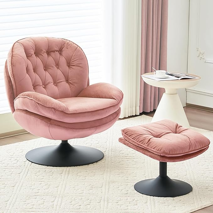 Velvet Swivel Accent Chair with Ottoman Set Modern Tufted Armchair with Footrest for Living Room Reading TV Chair for Adults Comfy Chaise Lounge Chairs with 360 Degree Swiveling for Bedroom Pink