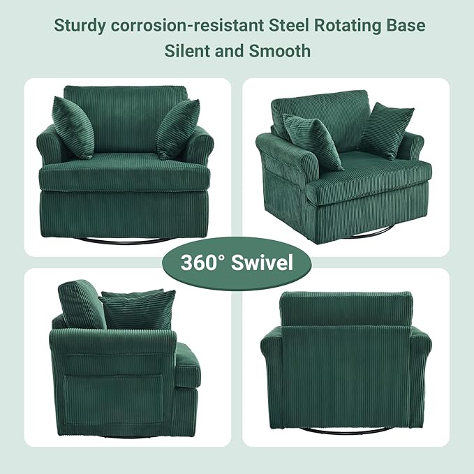 Karl home 39 Swivel Accent ChairOversized Seat Armchair W/2 Pillows and 4 PocketsModern Upholstered Corduroy Barrel ChairsComfy Single Sofa for Living RoomReadingBedroom and Office-Dark Green