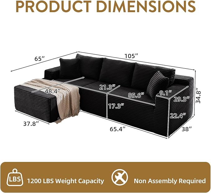 Cloud Sectional Couch with L-Shape Chaise 105 Modern Minimalist Modular Sectional Sofa Fluffy Corduroy Upholstered Couches for Living Room No Assembly Required (Black Left Facing Chaise)