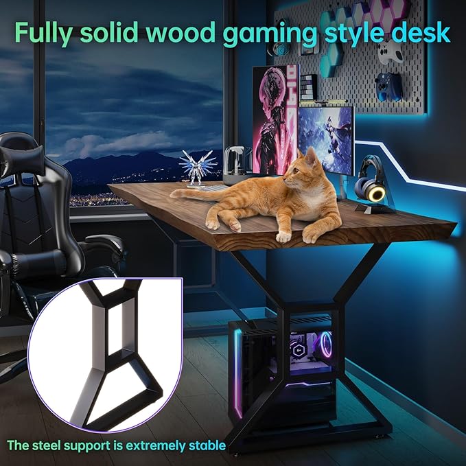 Solid Wood Rustic Style 55.1-inch Computer Desk - Large Office Desk for Home Office Modern and Simple Design Ideal for DiningStudy Writing (Black-a 55.12 * 27.56 * 29.53)