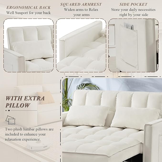 3 in 1 Convertible Sleeper Sofa Bed Futon Couches for Living Room with Side Pocket/Adjustable Backrest Velvet Upholstered Pull Out Couch Small Loveseat Sofa Bed for Bedroom Office Small Spaces