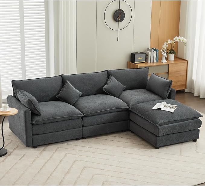 kevinplus 101'' Modular Sectional Sofa Couch L-Shaped with Convertible Ottoman for Living Room Modern Contemporary 3-Seat Fabric Sofa Couch Thick Cushion Dark Gray