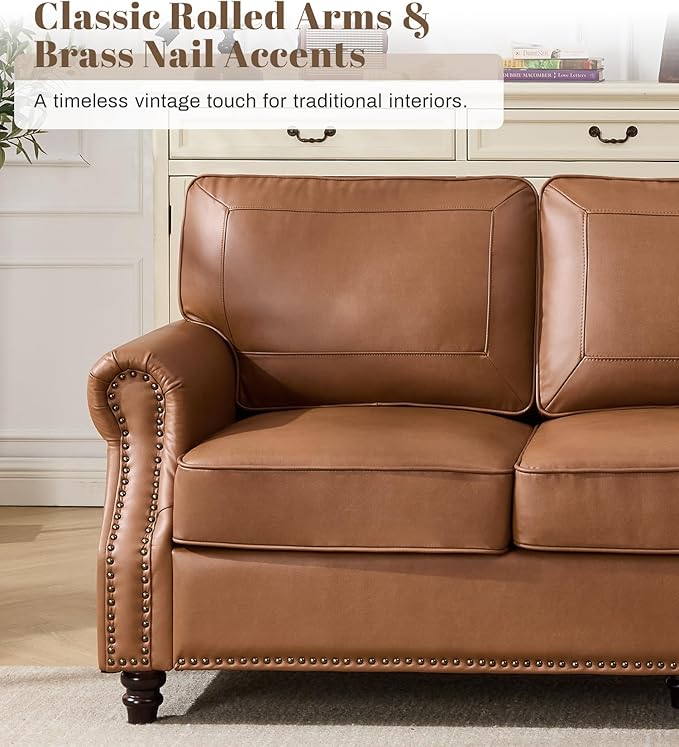 WILLOVE 79'' Faux Leather Sofa Classic 3 Seater Leather Couch with Rolled Arm and Nailhead Trim Mid-Century Modern Couch for Living Room Apartment Easy to Install Brown