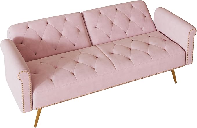 Convertible Futon Sofa Bed  Adjustable Sleeper Couch Modern Velvet Tufted Recliner Reversible Loveseat Folding Daybed Guest Bed Sofacama w/ Nailhead Trim and Golden Metal Legs for Living Room Office