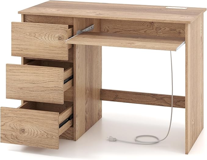 Nightcore 42” Computer Desk with Power Outlets Writing Desk with 3 Storage Drawer &amp Keyboard Modern PC Workstation Study Desk for Bedroom Home Office (Natural)