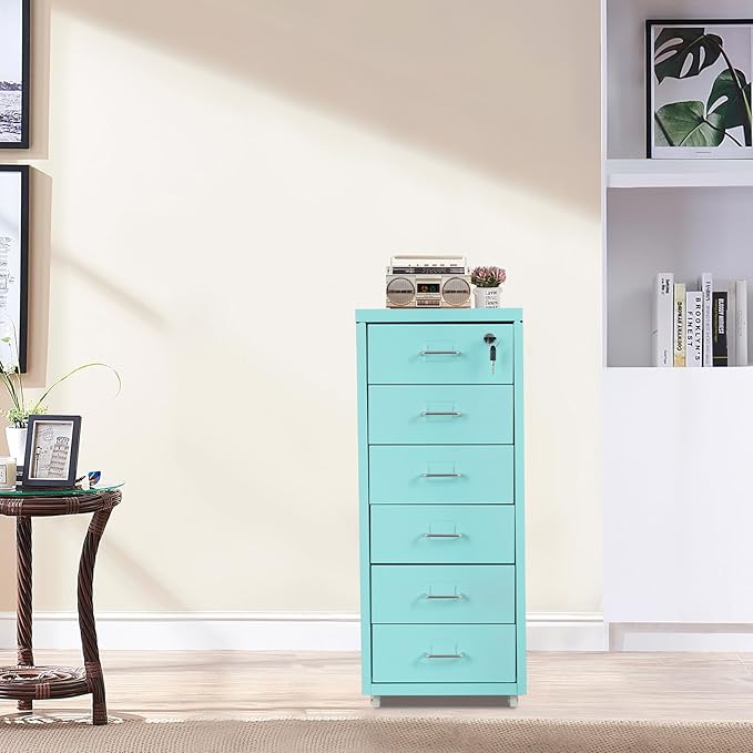 6-Drawer File Cabinet with Lock - Metal File Organizer for Home Office Letter/A4 Size File Cabinets for Home Office Blue Office Cabinet with Wheels &amp Key File Organizer Box for Documents