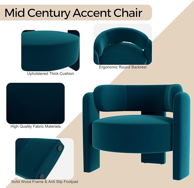 NOBPEINT Mid Century Modern Accent Barrel Chair Round Upholstered Leisure Armchair with Open Back for Living Room Bedroom Apartment Blue