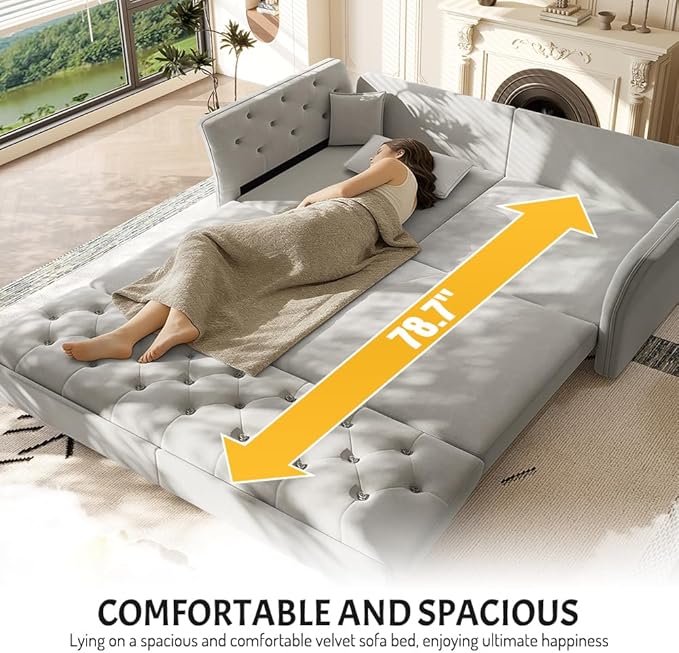 KEIKI 74.7 Queen Pull Out Sofa Bed Velvet Convertible Sleeper Sofa Button Tufted Chesterfield Sofa Pull-Out Couch Bed for Living Room Bedroom Apartment Light Grey