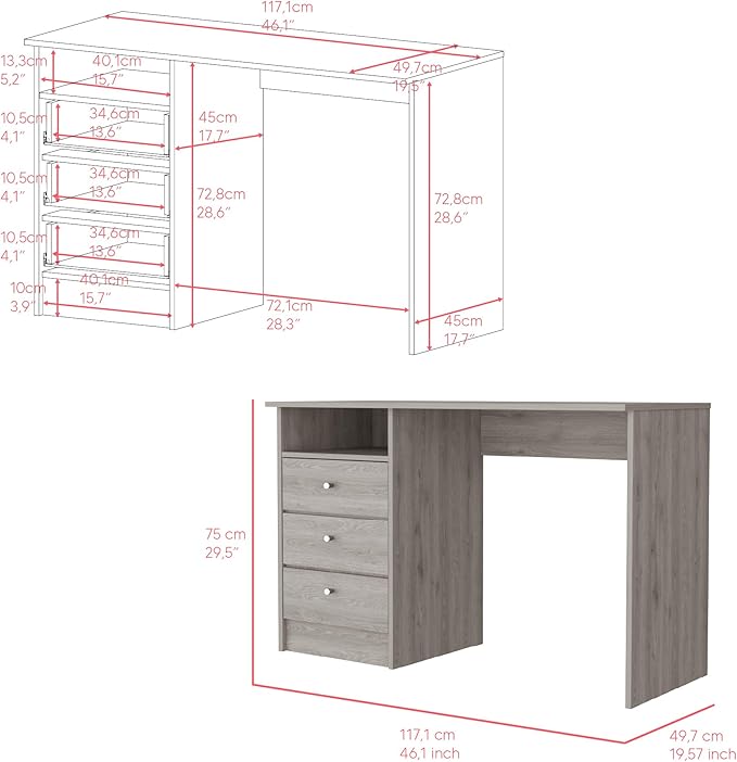 Spacious Computer Desk with 3 Drawers Modern Light Grey Perfect for Home Office &amp Dorm