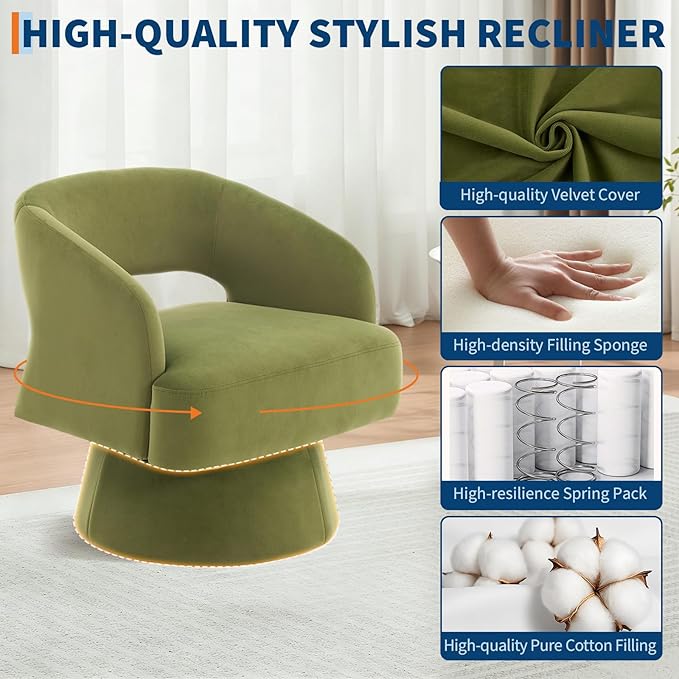 Swivel Barrel Chair - Velvet Upholstered Modern Armchair with Striped Backrest &amp Plush Padding Round Lounge Chair for Living Room Bedroom (Green-Openwork-(2 Pcs))