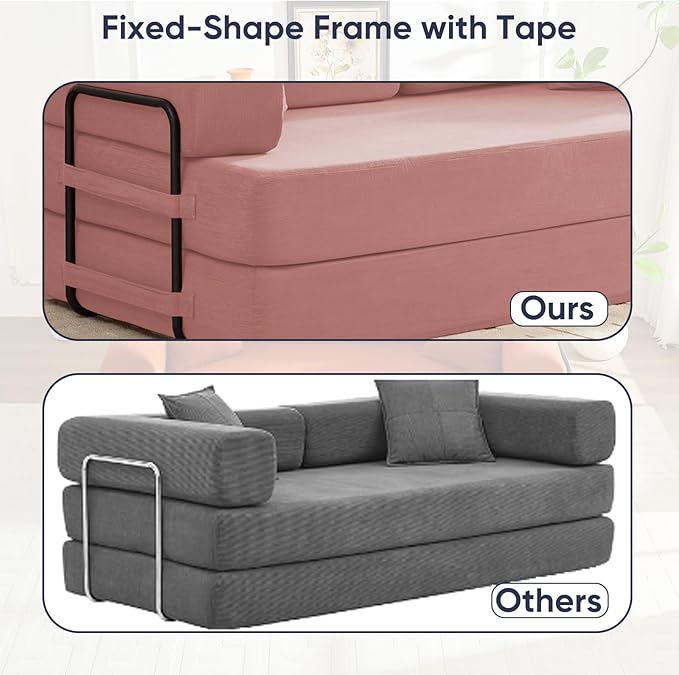 ijuicy 4-in-1 King Convertible Floor Sofa Bed w/ 2 PillowModular Sleeper Sofa/Folding Futon Couch Bed w/Cylindrical Backrest and Fixed FrameLounge CouchCorduroy Compression Sofas for Home-Pink