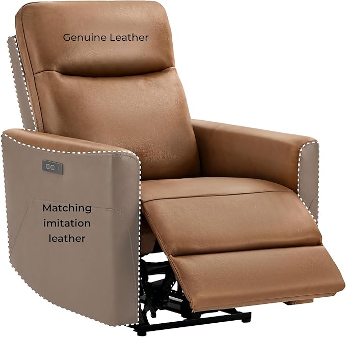 CHITA Genuine Leather Power Recliner Chair for Adults Electric Wall Hugger Recliner for Small Spaces Modern Living Room and RV Recliner Chair with Adjustable Power Headrest &amp Charging Ports Bro