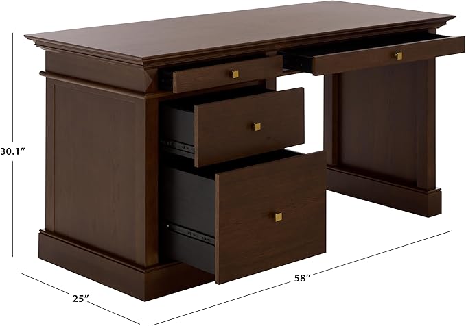SAFAVIEH Couture Collection - Francesco Walnut Wood 4-Drawer Desk with Brass Accents Modern Writing Table with Storage (SFV4239A)