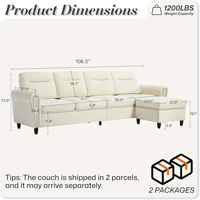 ABET 106 Inch Modular L-Shaped Sectional Couch with Ottoman 4 Deep Seat Convertible Sofa with Ottoman Nailhead Decor Comfy Upholstered Cushion for Living Room Bedroom Apartment Off-White-Beige