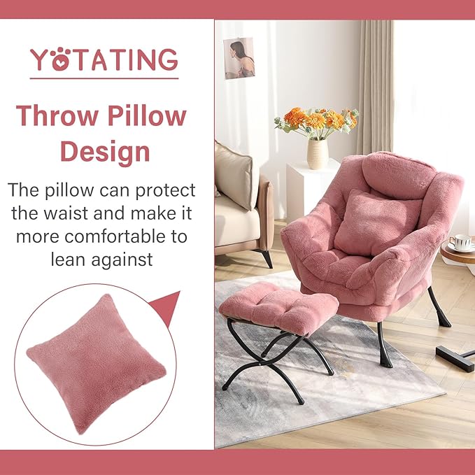 Lazy Chair with Ottoman Comfy Reading Lounge Chair with Footstool &amp Throw Pillow Modern with Armrests &amp Side Pocket for Living Room Bedroom Dorm Room Plush Dark Pink