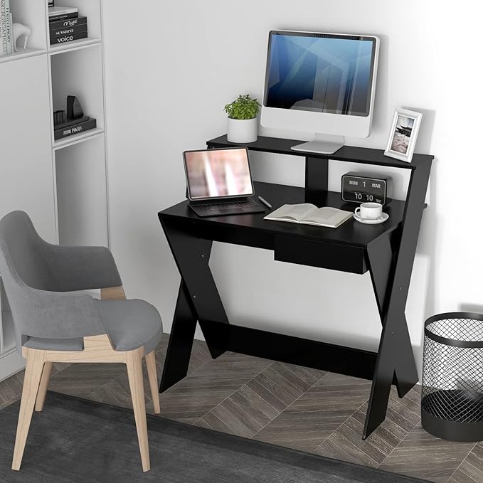 Tangkula 2-Tier Computer Desk with Storage Drawer Small Writing Desk with Monitor Stand Riser Thoughtful Footrest &amp X-Shaped Legs Compact Study Table for Small Space Home &amp Office (Black)
