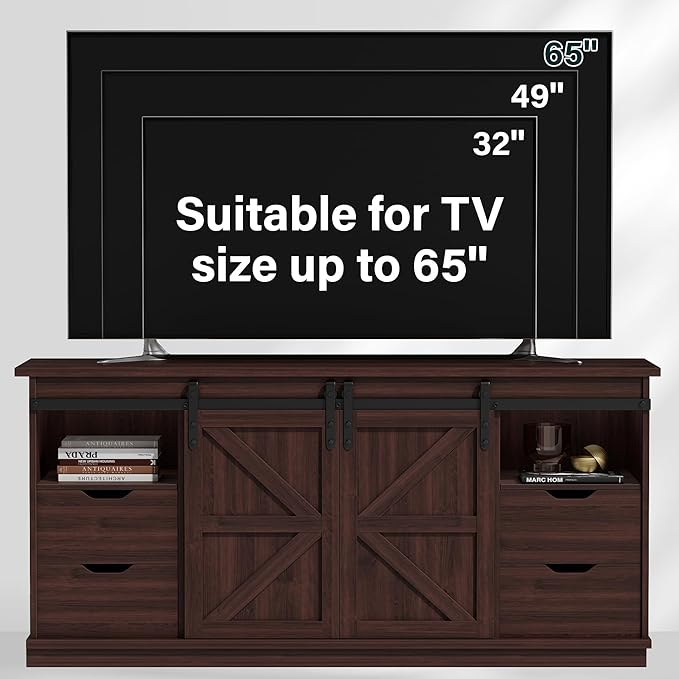 JUMMICO TV Stand with 4 Drawers for 65 Inch TV Farmhouse Entertainment Center with Storage and Sliding Barn Doors Rustic Media TV Console Cabinet with Shelves for Living Room Bedroom (Rustic Oak)
