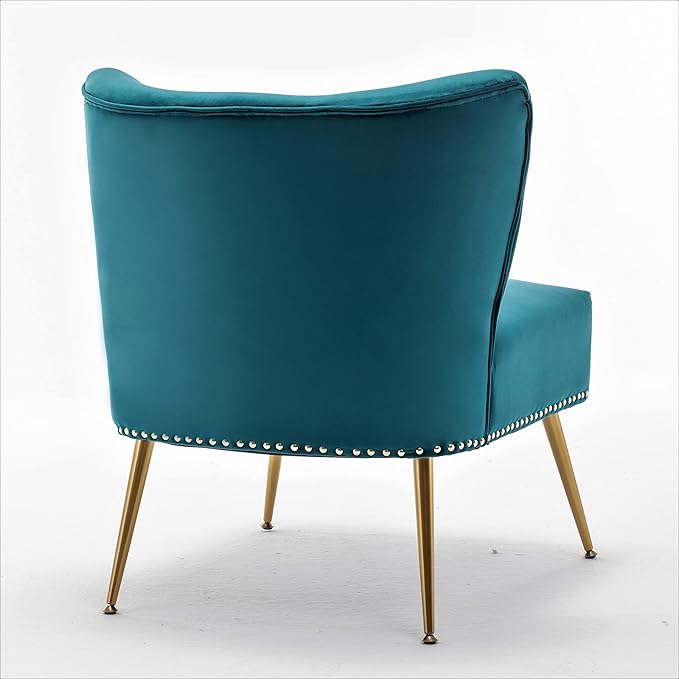 Thia Armless Velvet Accent Chair for Living Room Elegant Seat with Nailhead Trim Gold Metal Legs and Comfortable Curved Back 28 D x 25 W x 29.5 H Bluish Green