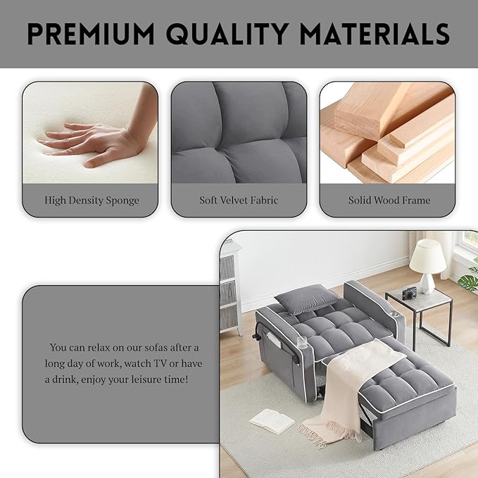 3 in 1 Sleeper Chair BedVelvet Convertible Sleeper SofaPull Out Bed Chair with USB Port &amp Ashtray and Swivel Phone Stand &amp Storage PocketsModern Sofa for Living Room