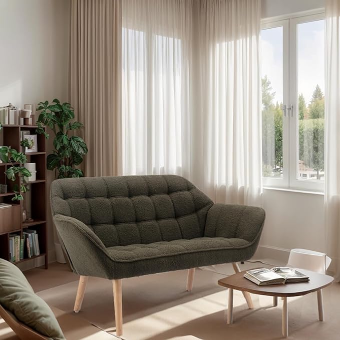 48 Small Loveseat for Small Spaces Upholstered Fluffy Loveseat Sofa Mid Century Modern Mini Couch with Armrest and Wood Legs for Bedroom Living Room Apartment Green