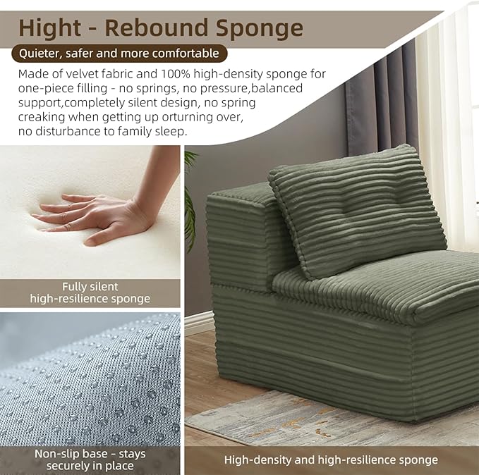 Convertible Sleeper Sofa Bed with Chaise Lounge Set80 King Folding Mattress Cloud Floor Loveseat CouchCorduroy Boneless Sectional Couch for Living Room Bedroom ApartmentGreen