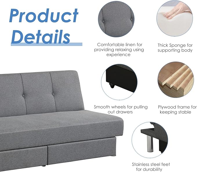 Giantex 3-Seat Convertible Sofa Bed Long Sofa Couch w/ 2 Large Drawers Ergonomic Sleeper w/ 3 Adjustable Angles Heavy Duty Sofa Bed for Living Room Bedroom Study Room &amp Office