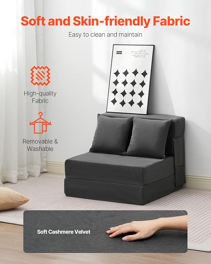VEVOR Folding Sofa Bed 3-in-1 Foldable Couch Bed with 2 Pillows and Washable Cover 25D High Density Memory Foam Convertible Sleeper Chair Bed Futon Couch for Living Room Bedroom Dark Grey(Single)