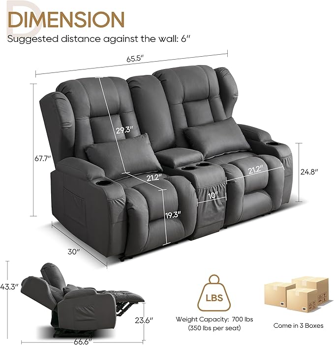 DRMBOOK RV Loveseat Recliner Sofa Double Wall Hugger Reclining Couches Manual Reclinable Movie Seating 2 Person Recliner for Travel Trailer (Leathaire Grey 2 Seater with Standard Console)